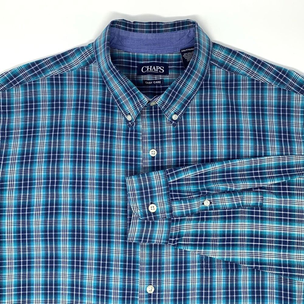 Chaps Easy Care Blue‎ & Teal Plaid Long Sleeve Button Up Men's Shirt Size XXL